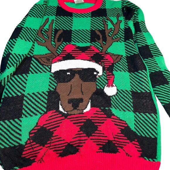 Ugly Christmas Sweater Sz XL Santa Dog Reindeer Jumper Holiday Hat Red Green - Picture 1 of 10